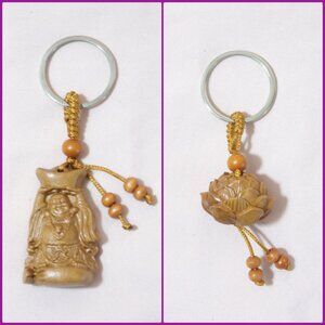Carved Peach Wood Keychain Laughing Buddha Lotus Flower Spiritual USA
